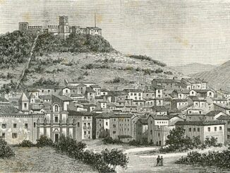 Bosa: Veduta del paese e del soprastante Castello dei Malaspina, xilografia di Barberis